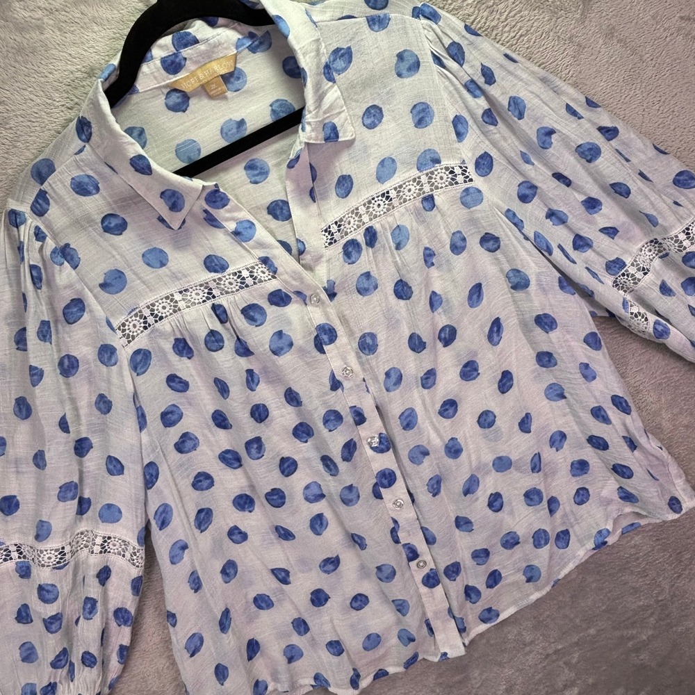 Hope & Harlow Women Blouse Sz 2X White Blue Polka Dot Crochet Lace Peasant Top
